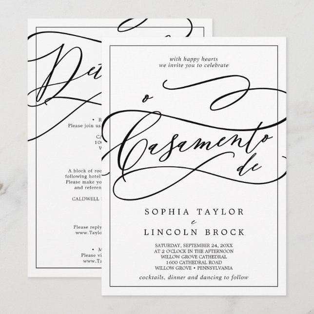 Invitation Calligraphie romantique Tout en un Mariage portuga (Devant / Derrière)