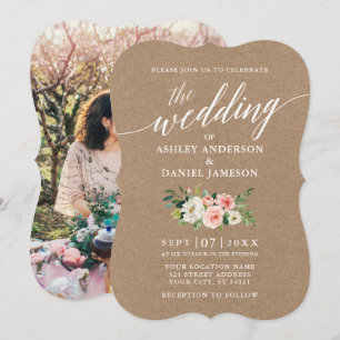 Invitation Calligraphie rose blanc Floral Mariage Kraft Photo