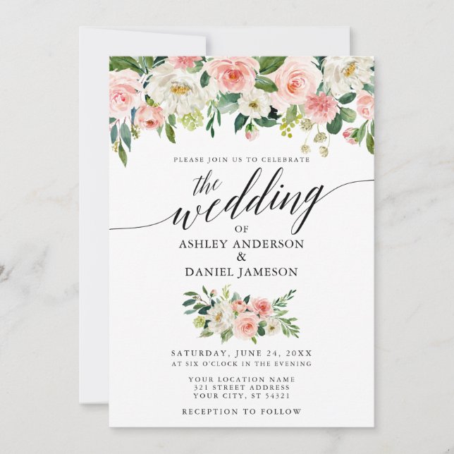 Invitation Calligraphie Rose Blush Floral Mariage W (Devant)