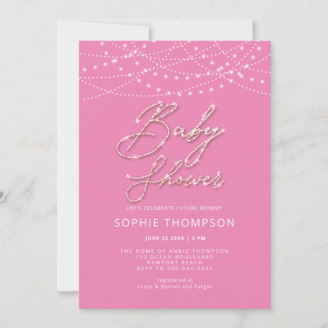 Invitation Calligraphie rose Lumières rustiques Baby shower f (Devant)