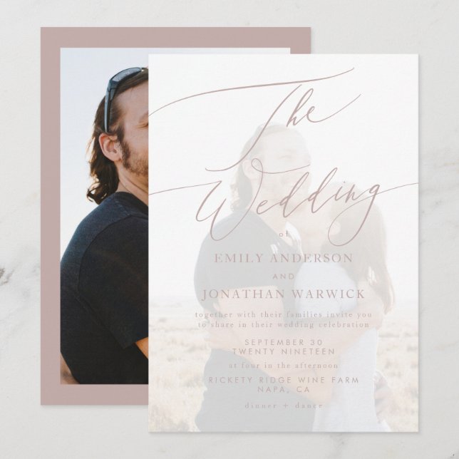 Invitation Calligraphie rose moderne Mariage photo simple (Devant / Derrière)