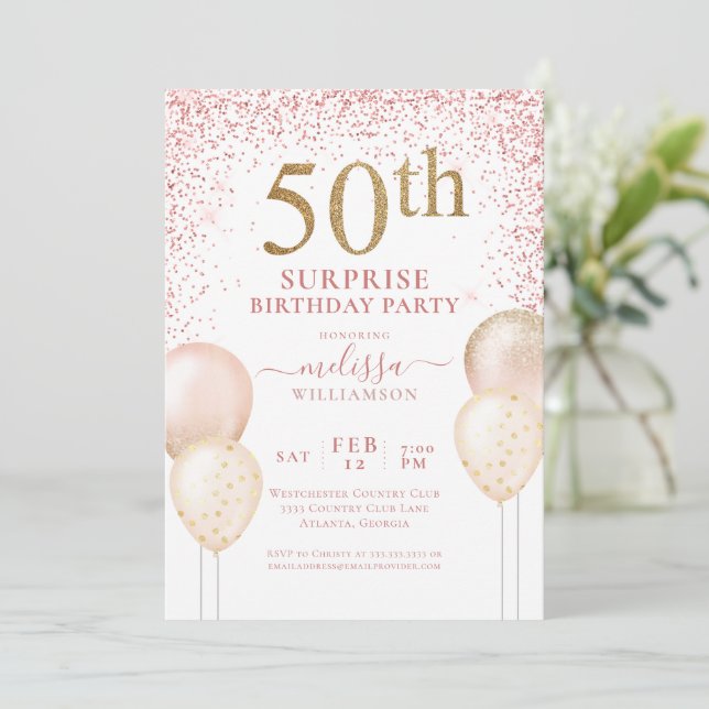 Invitation Calligraphie rose Parties scintillant Surprise 50e (Debout devant)