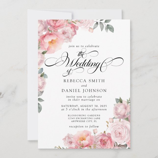 Invitation Calligraphie rose romantique Mariage floral (Devant)