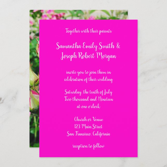 Invitation Calligraphie Rose rose chaud (Devant / Derrière)