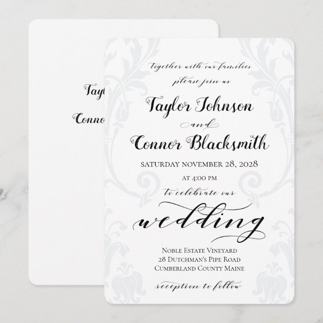 Invitation Calligraphie rustique Acanthus Mariage damassé (Devant / Derrière)