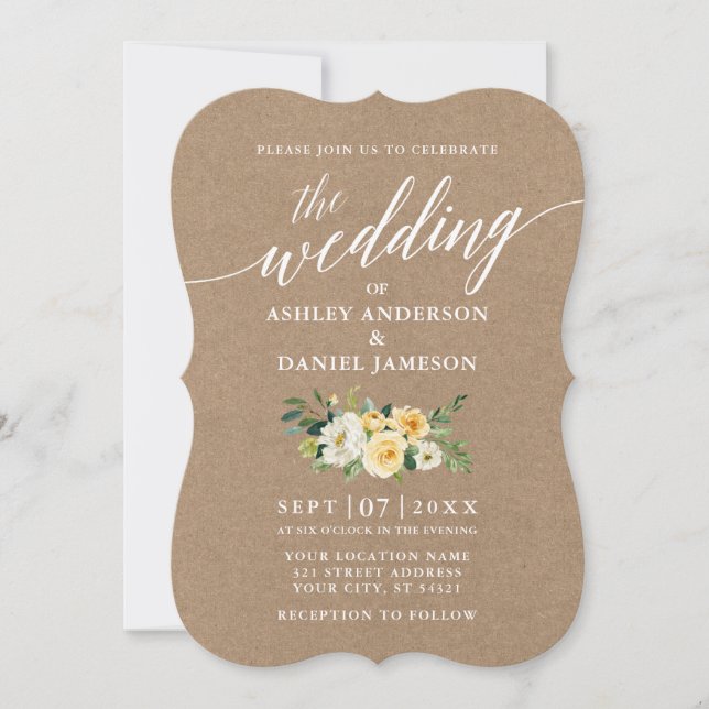 Invitation Calligraphie Script Jaune Floral Mariage Kraft (Devant)