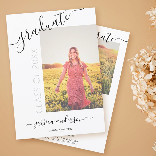 Invitation Calligraphie simple Blanc Noir Graduation 2 Photo (Créateur téléchargé)