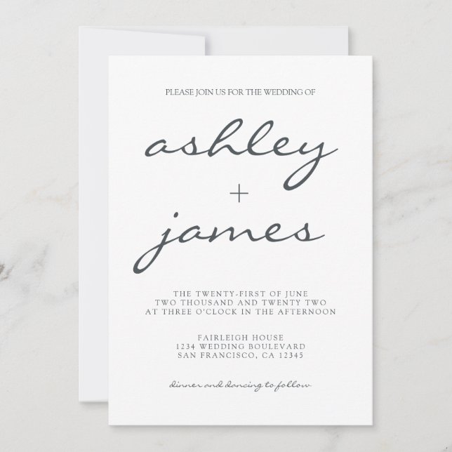Invitation Calligraphie simple Chic Mariage noir blanc (Devant)