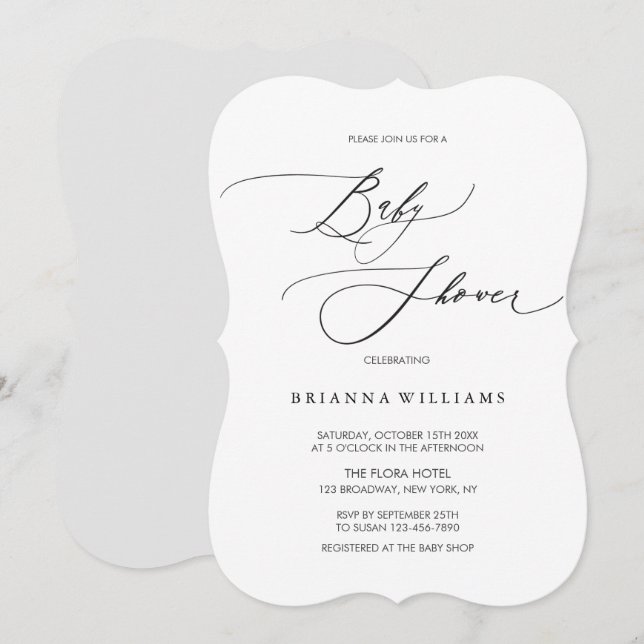 Invitation Calligraphie simple élégante Baby shower noir blan (Devant / Derrière)