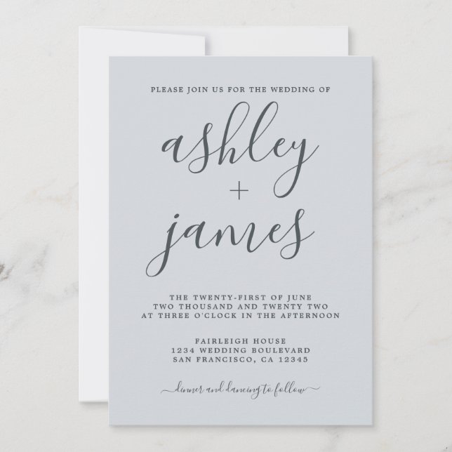 Invitation Calligraphie simple et chic Pastel Mariage bleu (Devant)