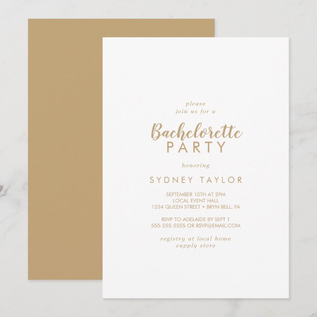 Invitation Calligraphie simple | Gold Back Bachelorte Party (Devant / Derrière)