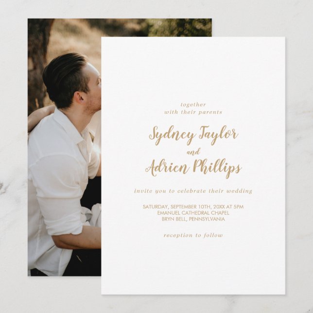 Invitation Calligraphie simple|Gold Photo Décontracté Mariage (Devant / Derrière)