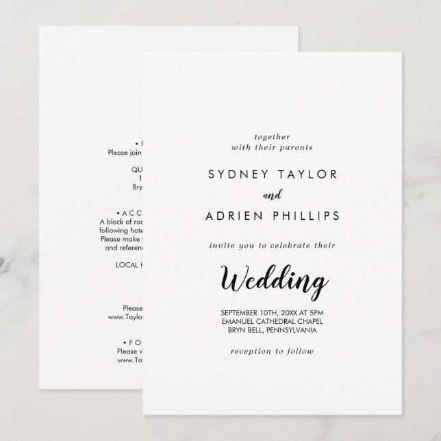 Invitation Calligraphie simple Mariage avant et arrière (Devant / Derrière)