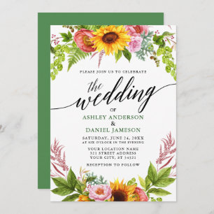 Invitation Calligraphie Sunflower Boho Floral Mariage Vert