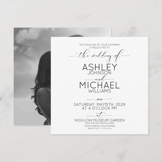 Invitation CALLIGRAPHIE TYPOGRAPHIE B&W Carré Mariage photo (Devant / Derrière)
