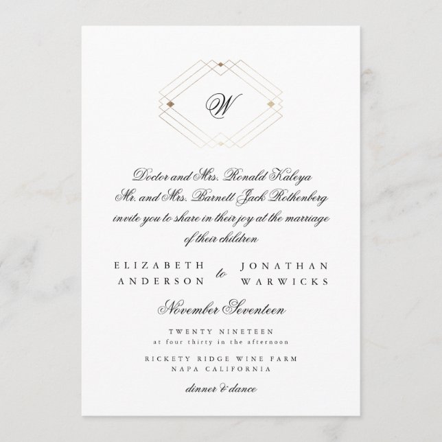 Invitation Calligraphie Typographie Monogramme Mariage Gold D (Devant)
