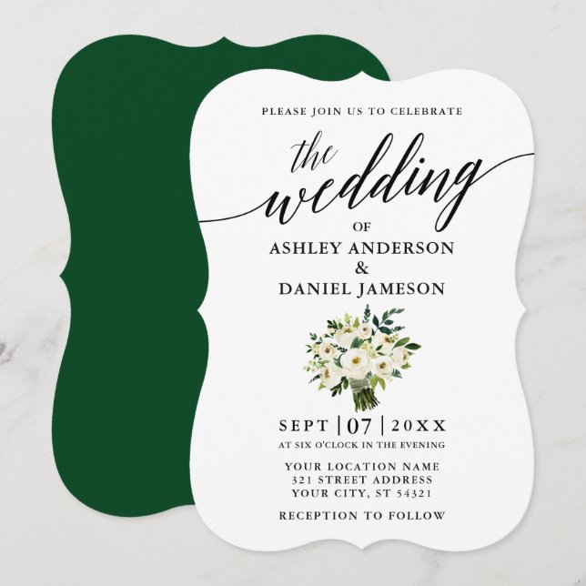 Invitation Calligraphie Vert Blanc Floral Bouquet Mariage (Devant / Derrière)