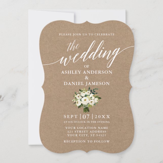 Invitation Calligraphie Vert Bouquet Floral Mariage Kraft (Devant)