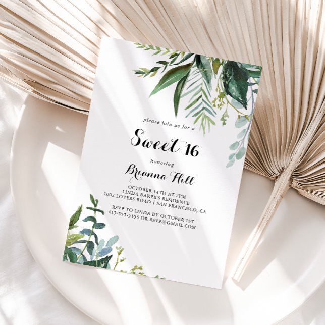 Invitation Calligraphie verte douce 16 fête d'anniversaire (Créateur téléchargé)