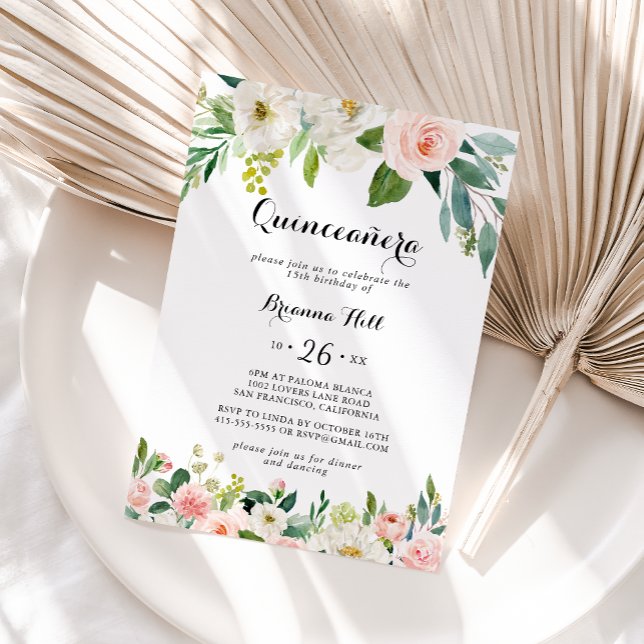 Invitation Calligraphie verte florale simple Quinceañera (Créateur téléchargé)