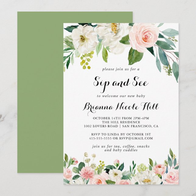 Invitation Calligraphie verte florale simple Sip et voir (Devant / Derrière)