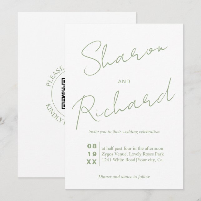 Invitation Calligraphie verte moderne mariage de code QR (Devant / Derrière)