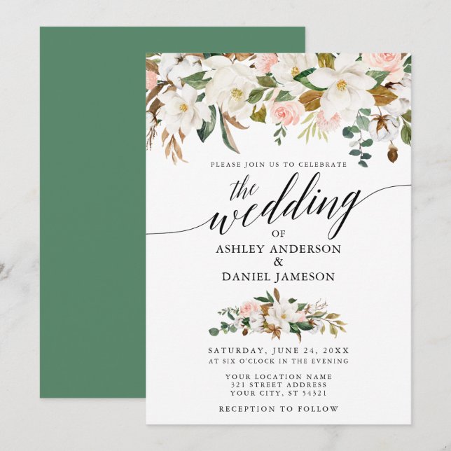 Invitation Calligraphie White Magnolias Mariage Rose (Devant / Derrière)