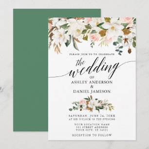 Invitation Calligraphie White Magnolias Mariage Rose