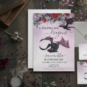 Invitation Calling All Dragons Girl's Birthday Purple flower