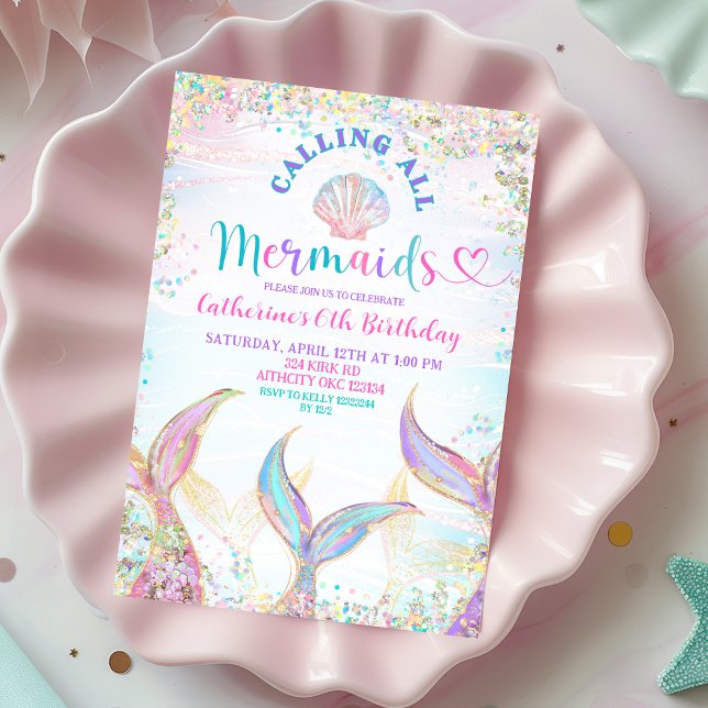 Invitation Calling All Mermaids Girl Birthday Invitation. (Créateur téléchargé)
