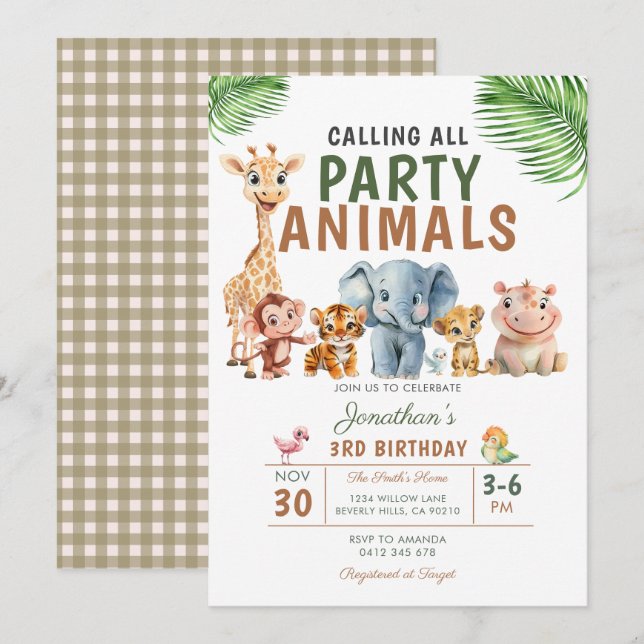 Invitation Calling All Party Animals Birthday Safari Party (Devant / Derrière)