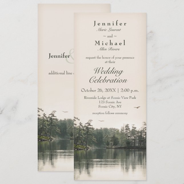 Invitation calme rustique lac evergreens reflet mince (Devant / Derrière)