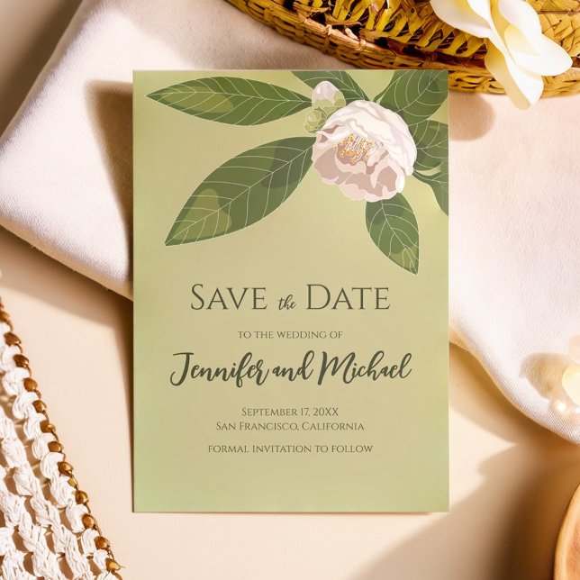 Invitation Camellia et verdure Simple Élégant Enregistrer la  (Camellia and Greenery Simple Elegant Save the Date Invitation)