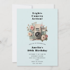 Invitation  Camera with Flowers Retro Pastel Image Birthday