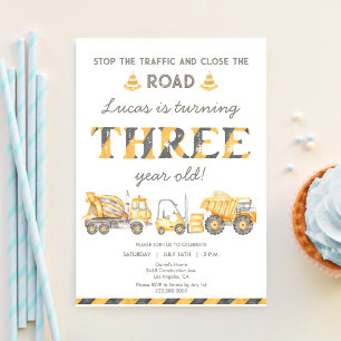 Invitation Camion à benne 3 ans Garçons Premier Anniversaire