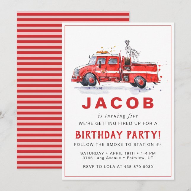 Invitation Camion à feu et dalmate | Anniversaire de enfant p (Devant / Derrière)