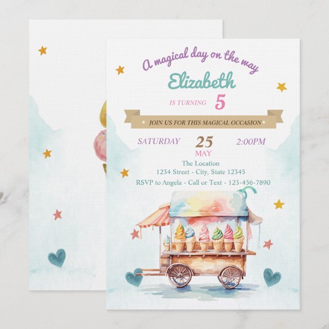 Invitation Camion à glace, Cônes, Anniversaire (Devant / Derrière)