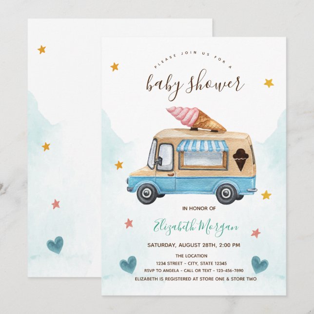 Invitation Camion à glace Stars Coeurs Baby shower (Devant / Derrière)