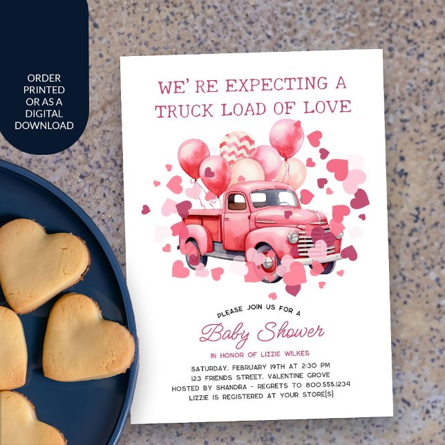 Invitation Camion Chargement d'amour Baby shower rose Valenti (Valentine Baby Shower Invitation with pink vintage truck and love hearts)