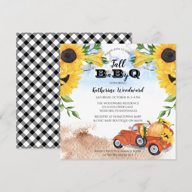 Invitation Camion Citrouille Automne | Sunflowers Baby BBQ Do (Devant / Derrière)