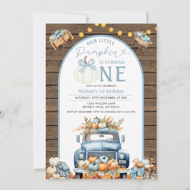Invitation Camion Citrouille bleu 1er anniversaire Automne Bo (Devant)