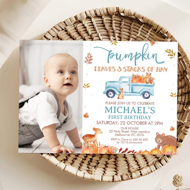 Invitation Camion Citrouille bleu rustique 1er anniversaire (Fall Pumpkin Truck First Birthday Invitation Template Printable Pumpkins Leaves and Stacks Hay )