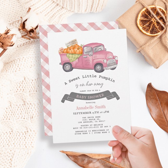Invitation Camion Citrouille rose En vichy Baby shower fille (Créateur téléchargé)