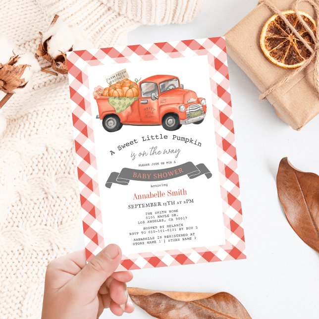 Invitation Camion Citrouille rouge En vichy Baby shower (Créateur téléchargé)
