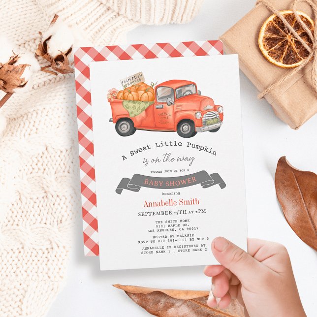Invitation Camion Citrouille rouge En vichy Baby shower (Créateur téléchargé)