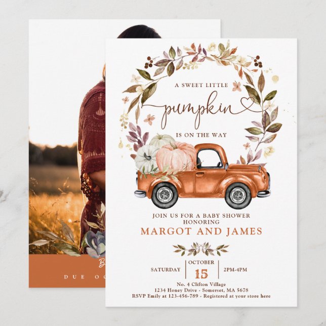 Invitation Camion Citrouille rustique brûlé Baby shower orang (Devant / Derrière)