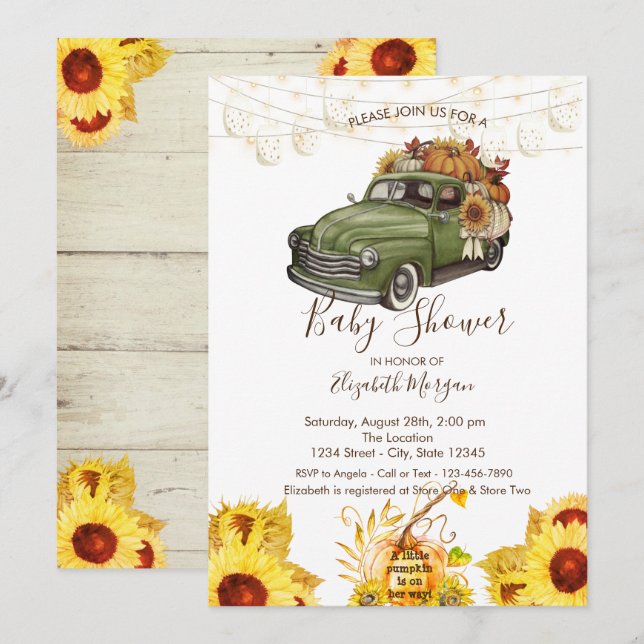 Invitation Camion citrouille, Texture bois, Baby shower tourn (Devant / Derrière)