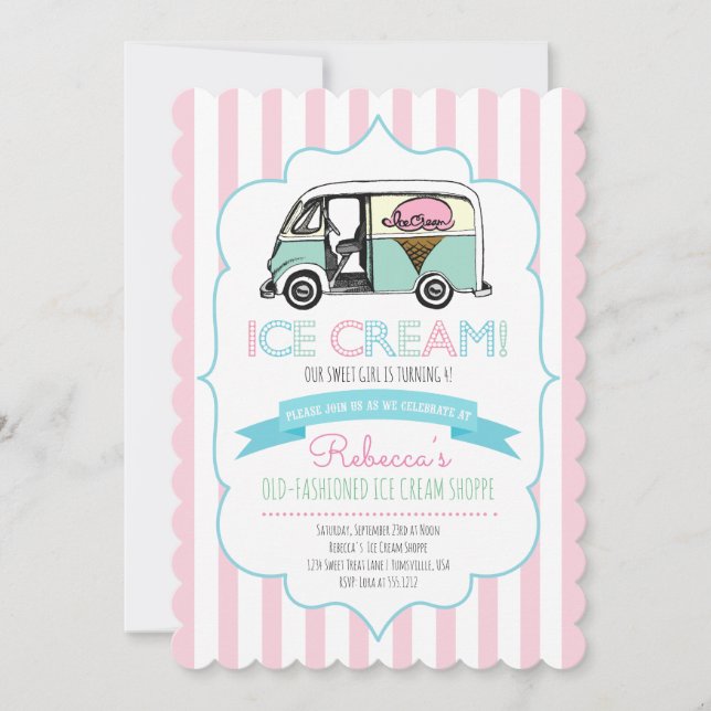 Invitation Camion Crème de glace à rayures roses Anniversaire (Devant)