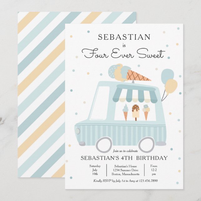 Invitation Camion Crème Glace Boy Four Ever Sweet 4e annivers (Devant / Derrière)