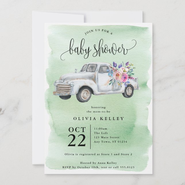 Invitation Camion de ferme avec fleurs, Baby shower d'aquarel (Devant)
